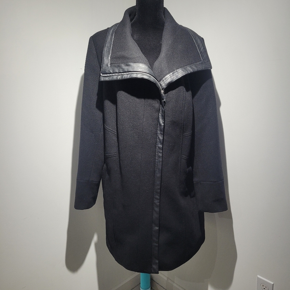 Penningtons Women's Faux Leather Trim Wool Blend Asymmetrical Coat 1X Black NEW
